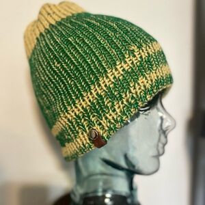 Hand-Knit Green and Yellow Beanie